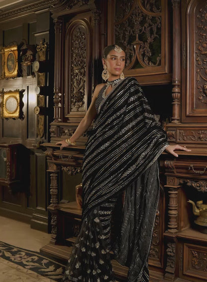 Black Embroidered Velvet Saree