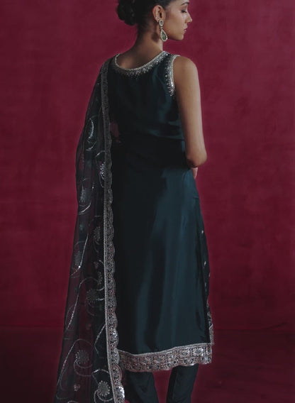 Green Embroidered Crepe Silk Straight Suit