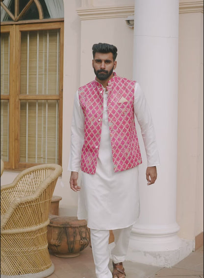 Hot Pink Embroidered Nehru Jacket Set