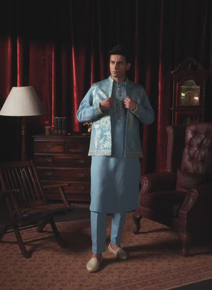 Light Blue Foil Printed Nehru Jacket Set