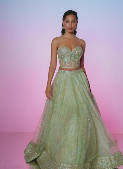 Light Green Floral Embellished Corset Style Lehenga