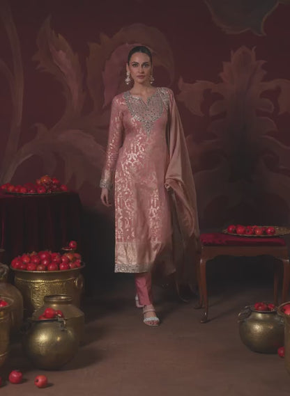 Dusty Peach Embroidered Brocade Pant Suit