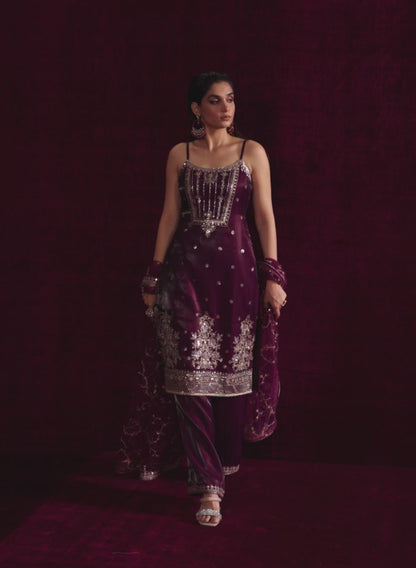 Wine Embroidered Palazzo Suit