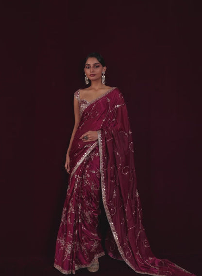 Dusty Magenta Embroidered Silk Saree