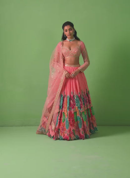Peach Floral Printed Organza Lehenga