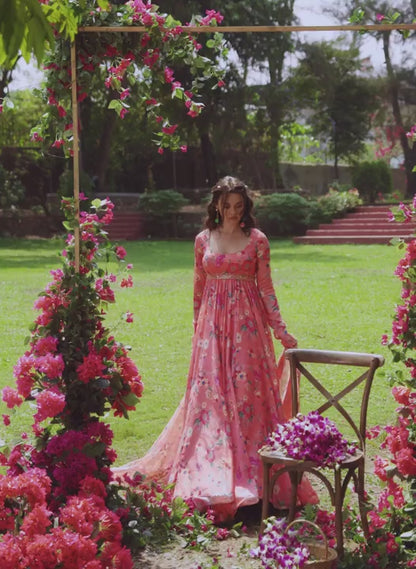 Coral Multicolor Floral Printed Anarkali