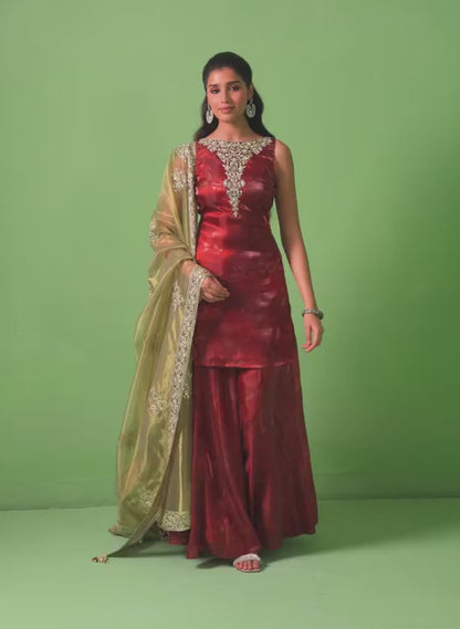 Maroon and Green Embroidered Organza Sharara