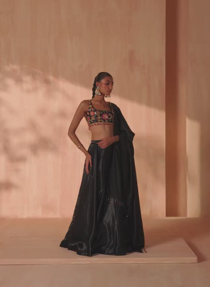 Black Embroidered Satin Lehenga