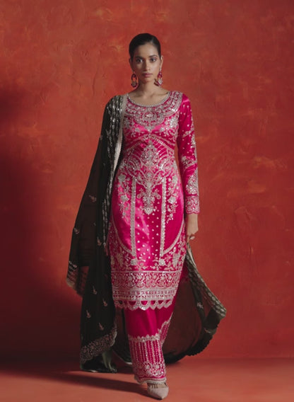 Pink and Green Embroidered Palazzo Suit