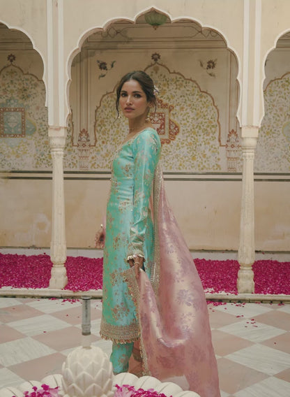 Aqua Blue Embroidered Brocade Straight Suit