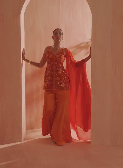 Orange Embroidered Satin Sharara