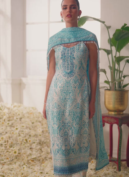 White and Sky Blue Floral Printed Straight Suit