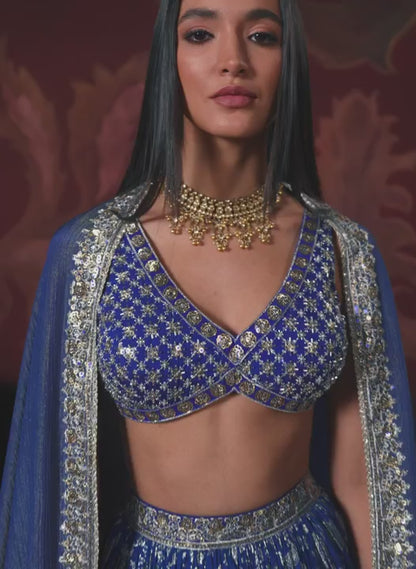 Blue Embroidered Brocade Lehenga