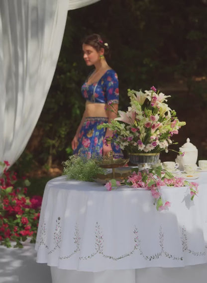 Blue Multicolor Floral Printed Chiffon Lehenga