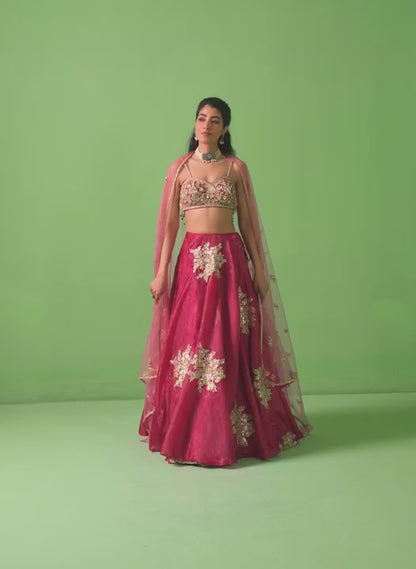 Crimson Pink Floral Printed Organza Lehenga