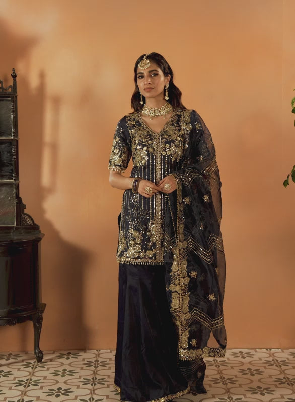 Navy Blue Floral Sharara Suit Set With Dupatta
