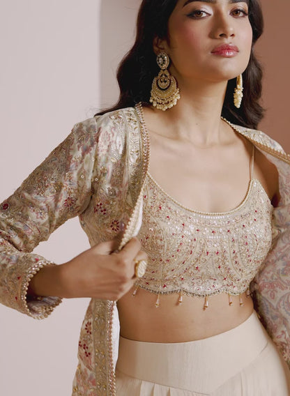 Golden Beige Embroidered Crop Jacket Set