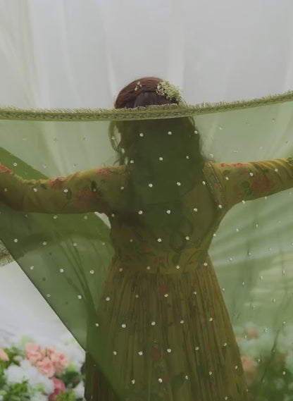 Mustard and Green Floral Printed Anarkali