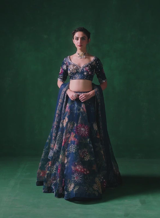 Multicolour Floral Printed Top And Lehenga With Dupatta