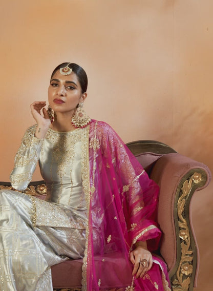 Grey and Pink Embroidered Sharara Suit