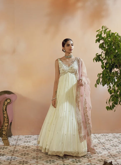 Off White and Light Pink Embroidered Anarkali