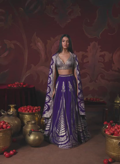 Purple Embroidered Brocade Lehenga