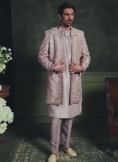 Light Purple Embroidered Silk Sherwani Set