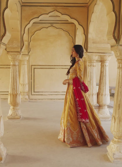 Mustard Yellow and Hot Pink Embroidered Anarkali