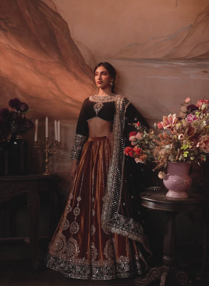 Black and Mustard Embroidered Velvet Lehenga