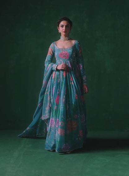 Teal Multicolor Floral Printed Anarkali