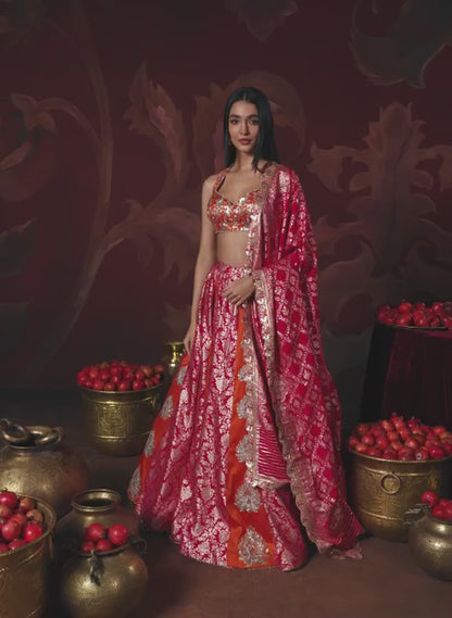 Orange and Pink Embroidered Brocade Lehenga