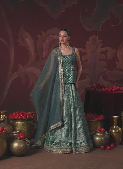 Green Embroidered Brocade Kurti Style Lehenga