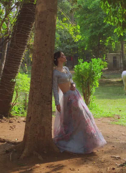 Grey Multicolor Floral Embroidered Lehenga