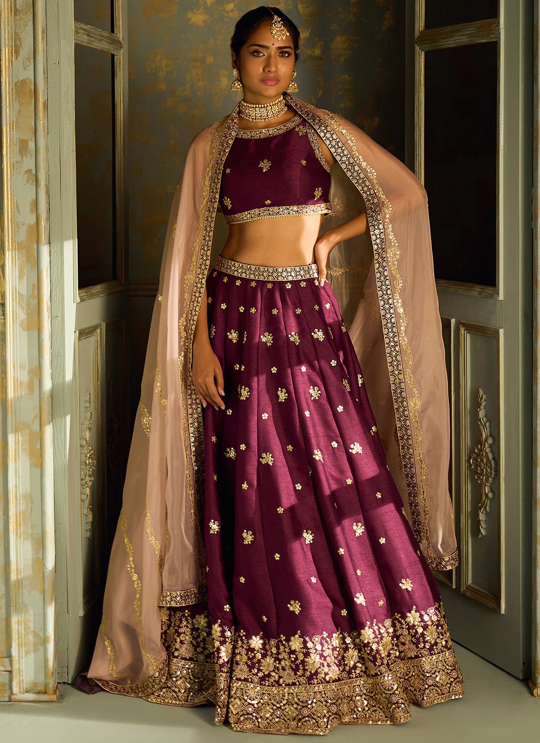 Purple and Gold Embroidered Lehenga - Lashkaraa