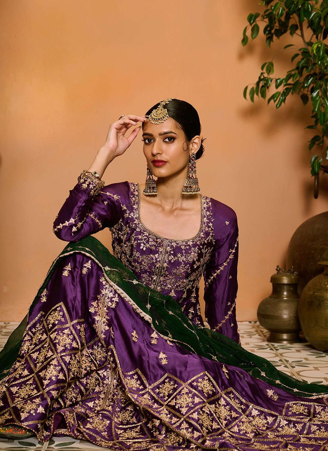 Purple and Green Embroidered Anarkali Palazzo Set - Lashkaraa