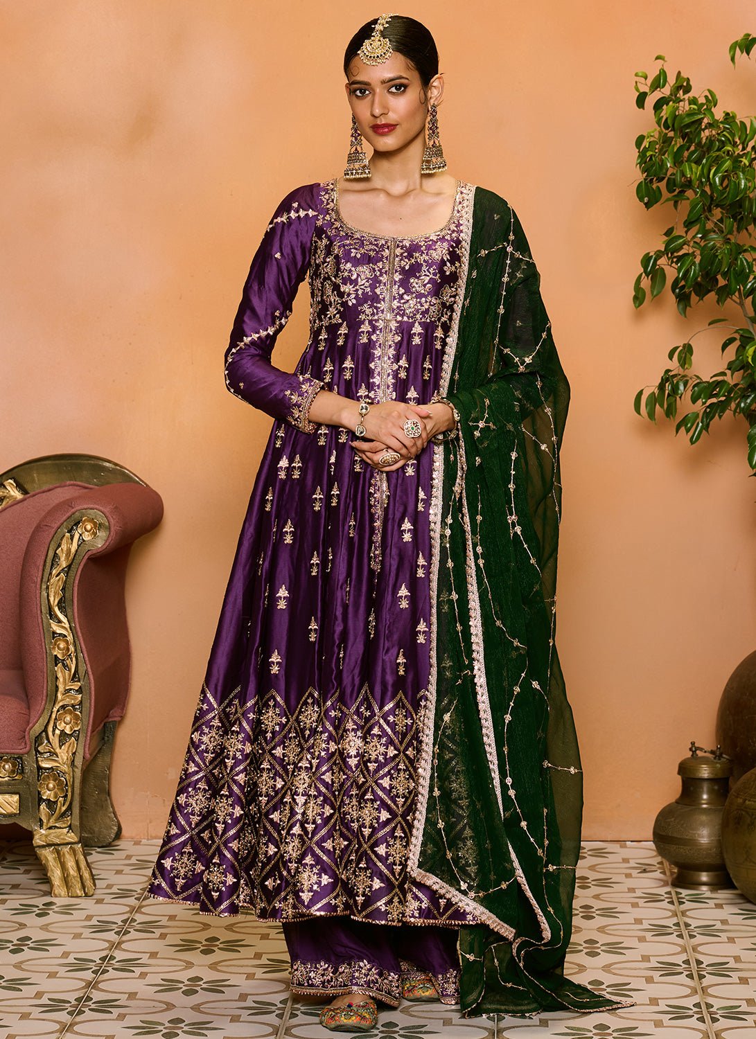 Purple and Green Embroidered Anarkali Palazzo Set - Lashkaraa