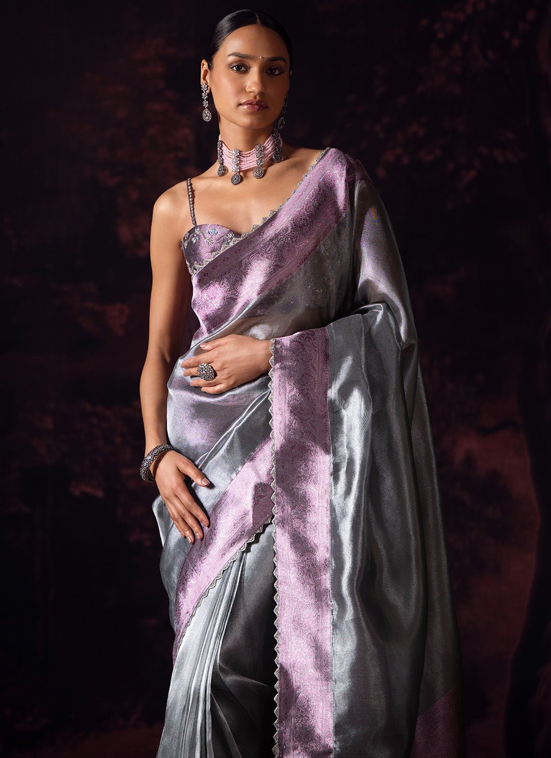 Purple and Grey Embroidered Tissue Saree - Lashkaraa