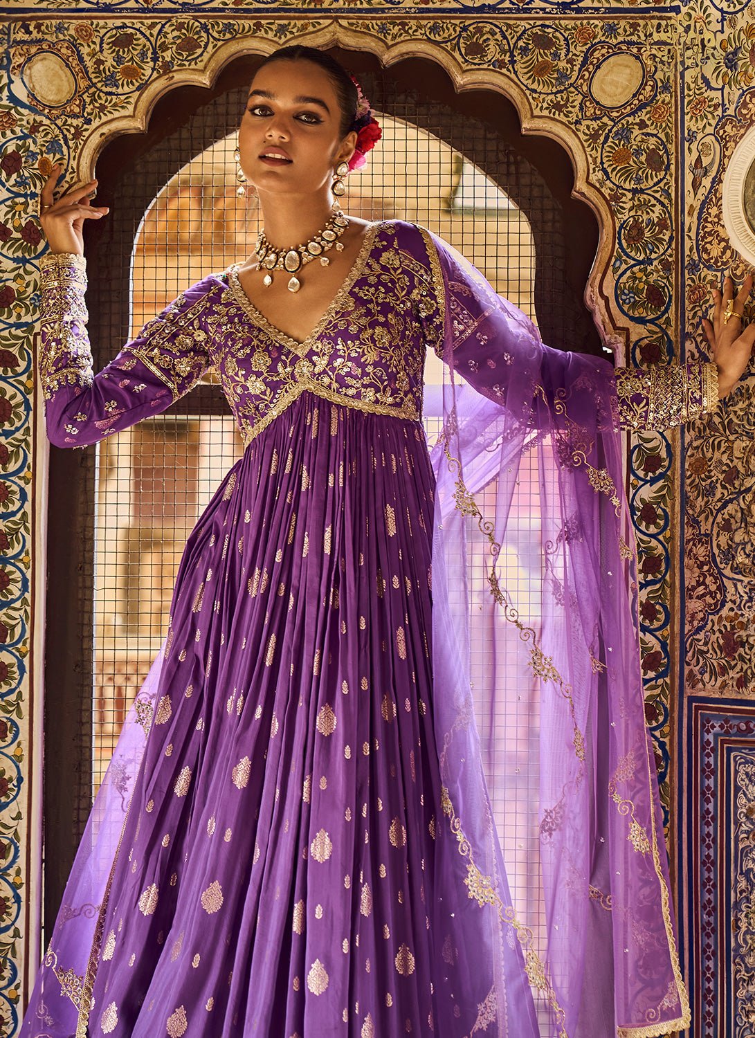 fitted lace wedding dress Shyam Narayan Prasad Imperial Purple Anarkali Set main image 1