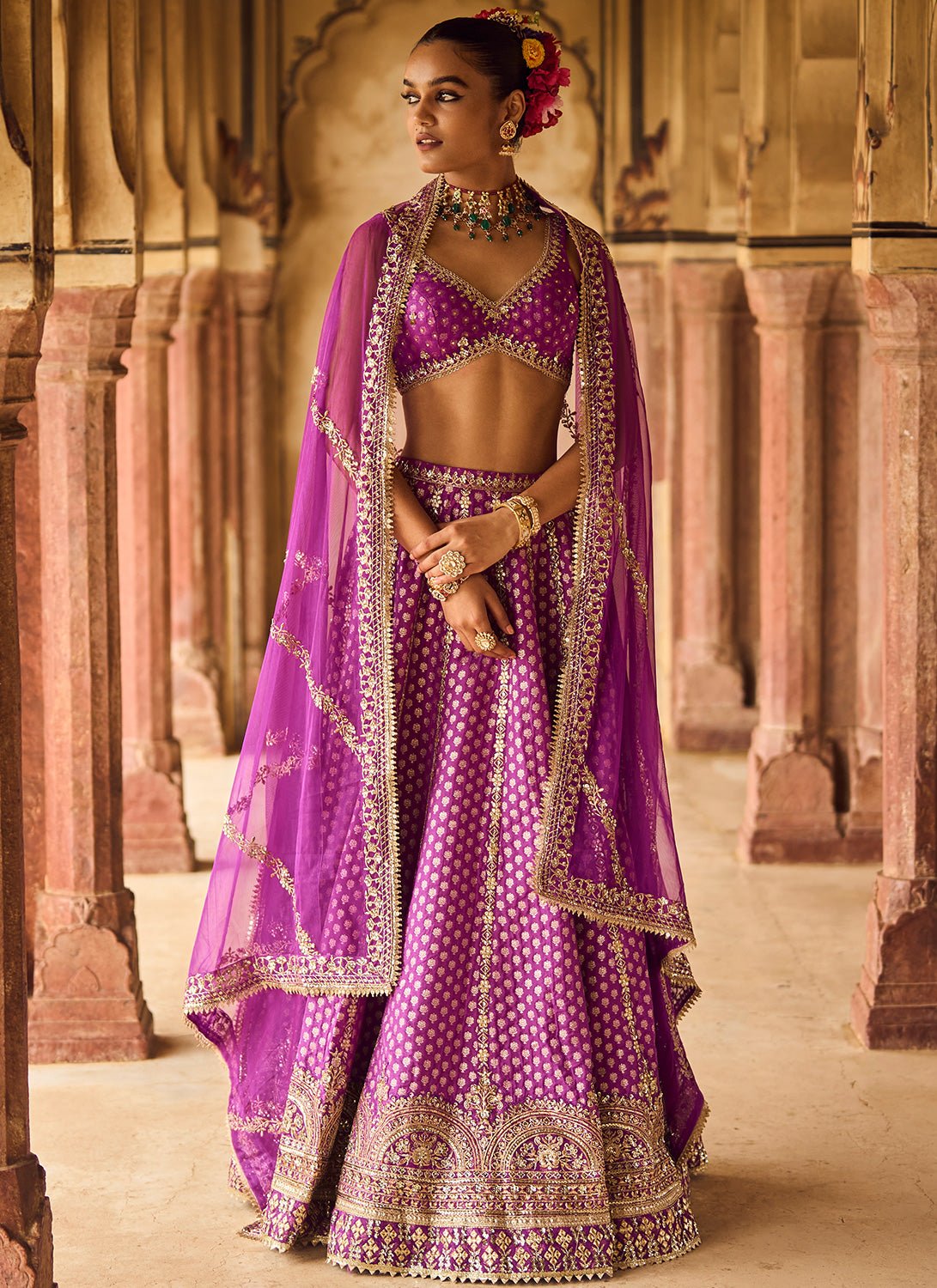 Purple Embroidered Brocade Lehenga - Lashkaraa