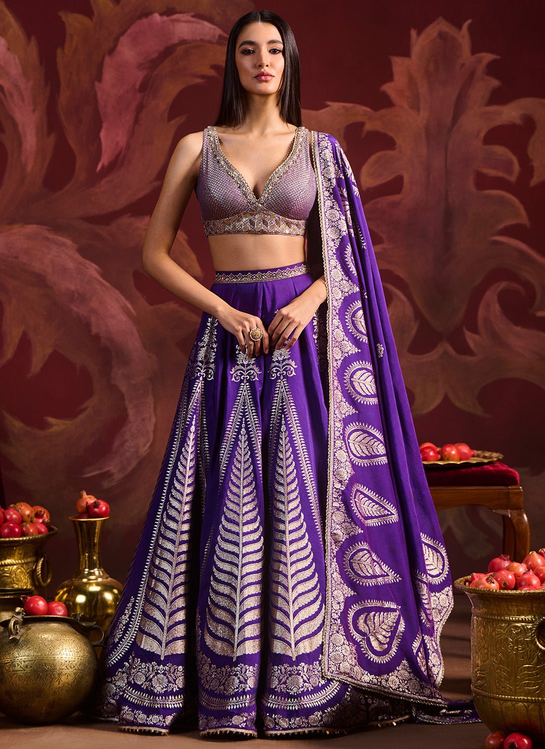 Purple Embroidered Brocade Lehenga - Lashkaraa