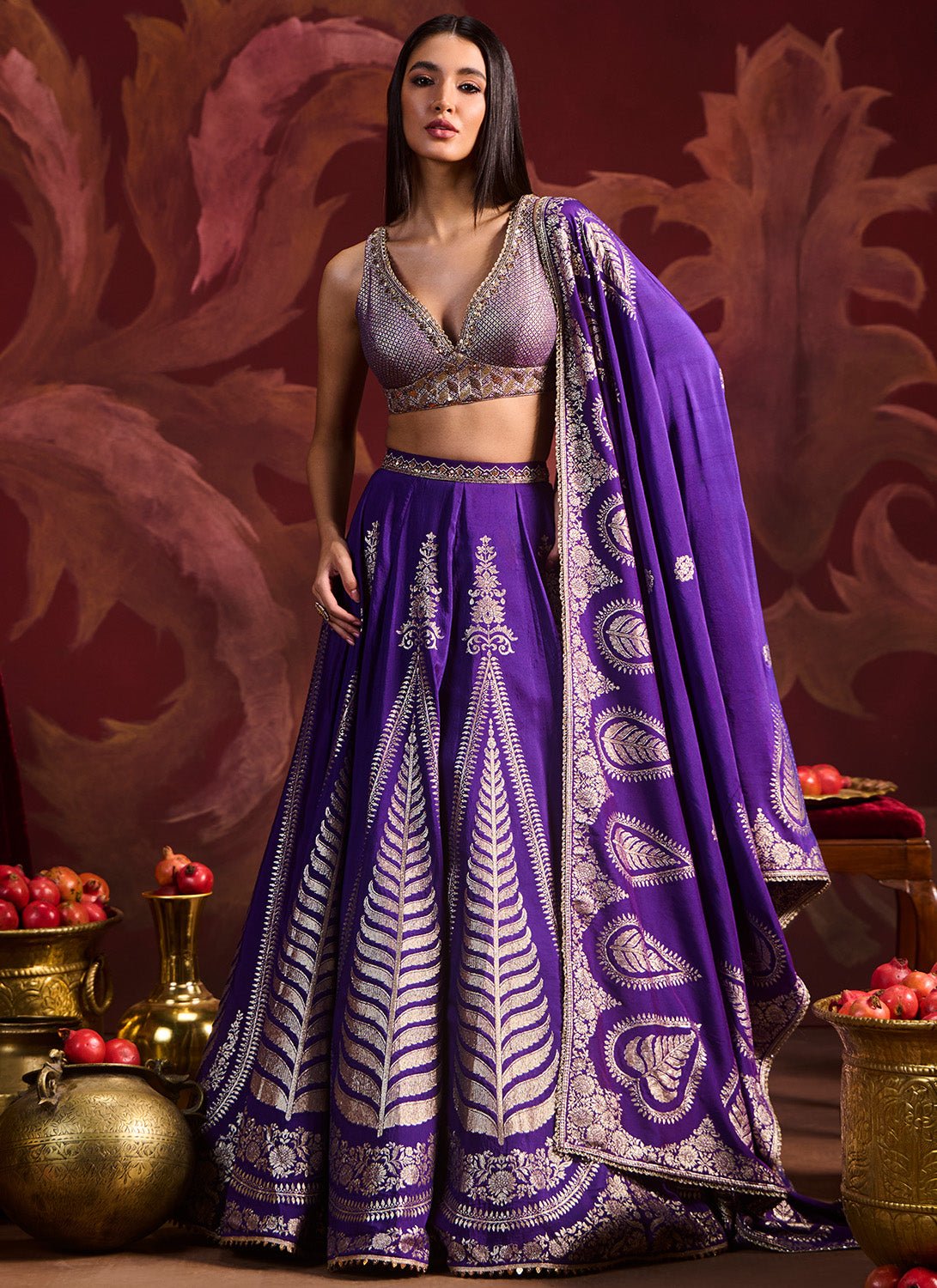 Purple Embroidered Brocade Lehenga - Lashkaraa