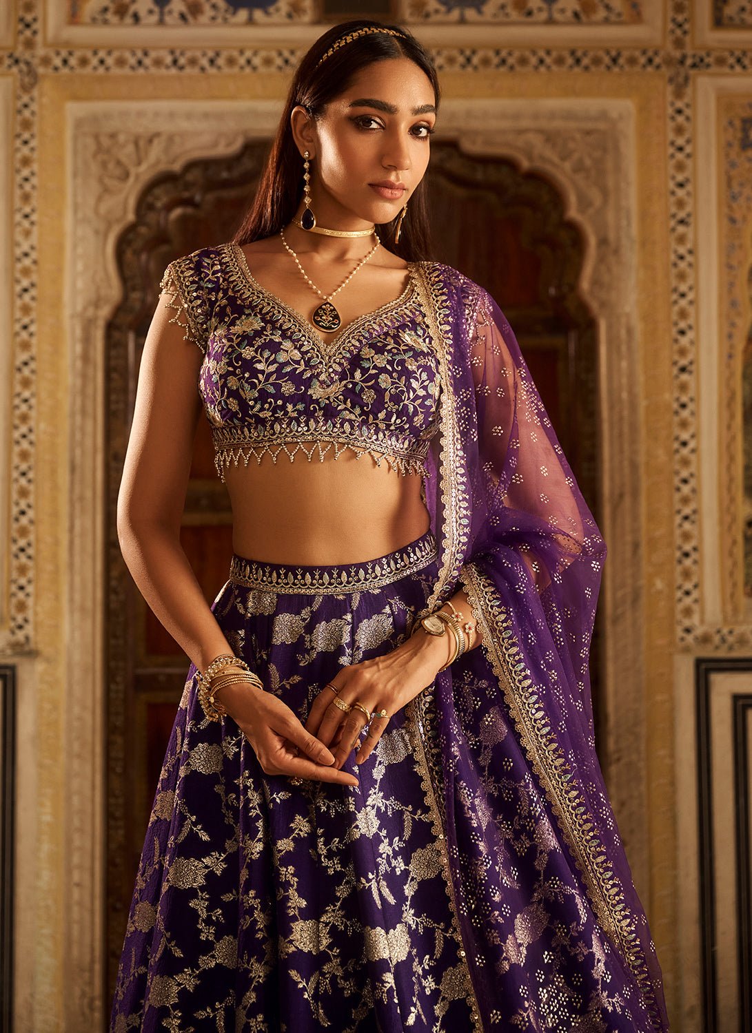 Purple Embroidered Brocade Lehenga - Lashkaraa