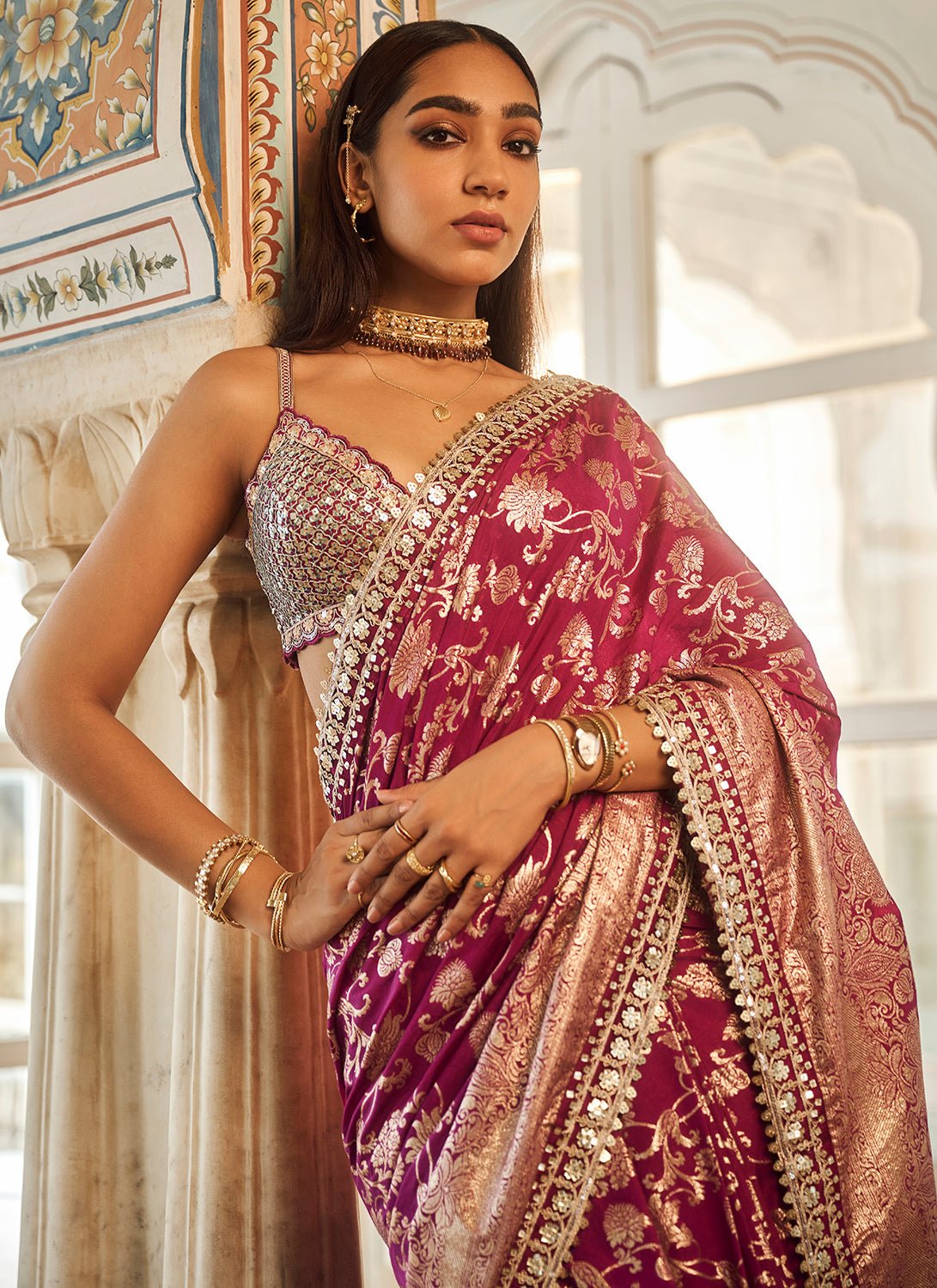 Purple Embroidered Brocade Saree - Lashkaraa