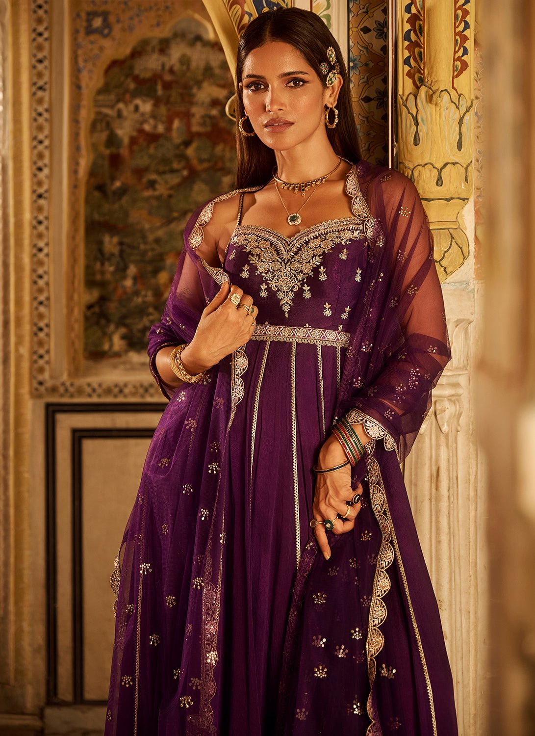 Purple Embroidered Chinon Anarkali - Lashkaraa