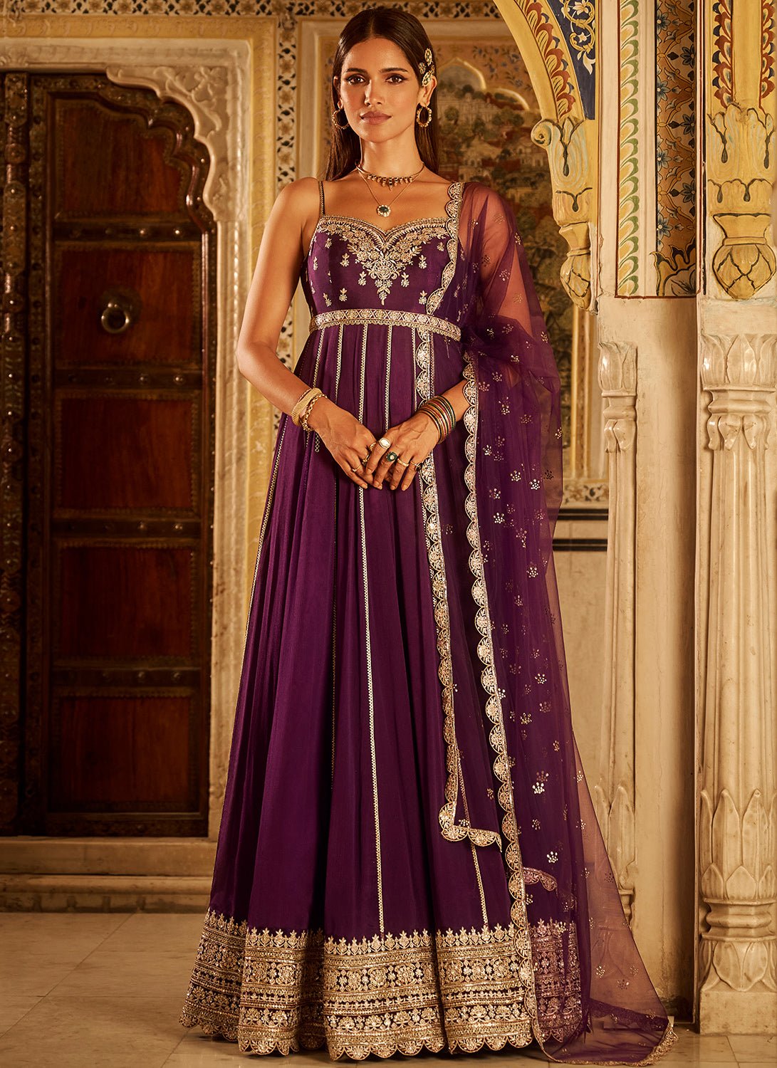 Purple Embroidered Chinon Anarkali - Lashkaraa