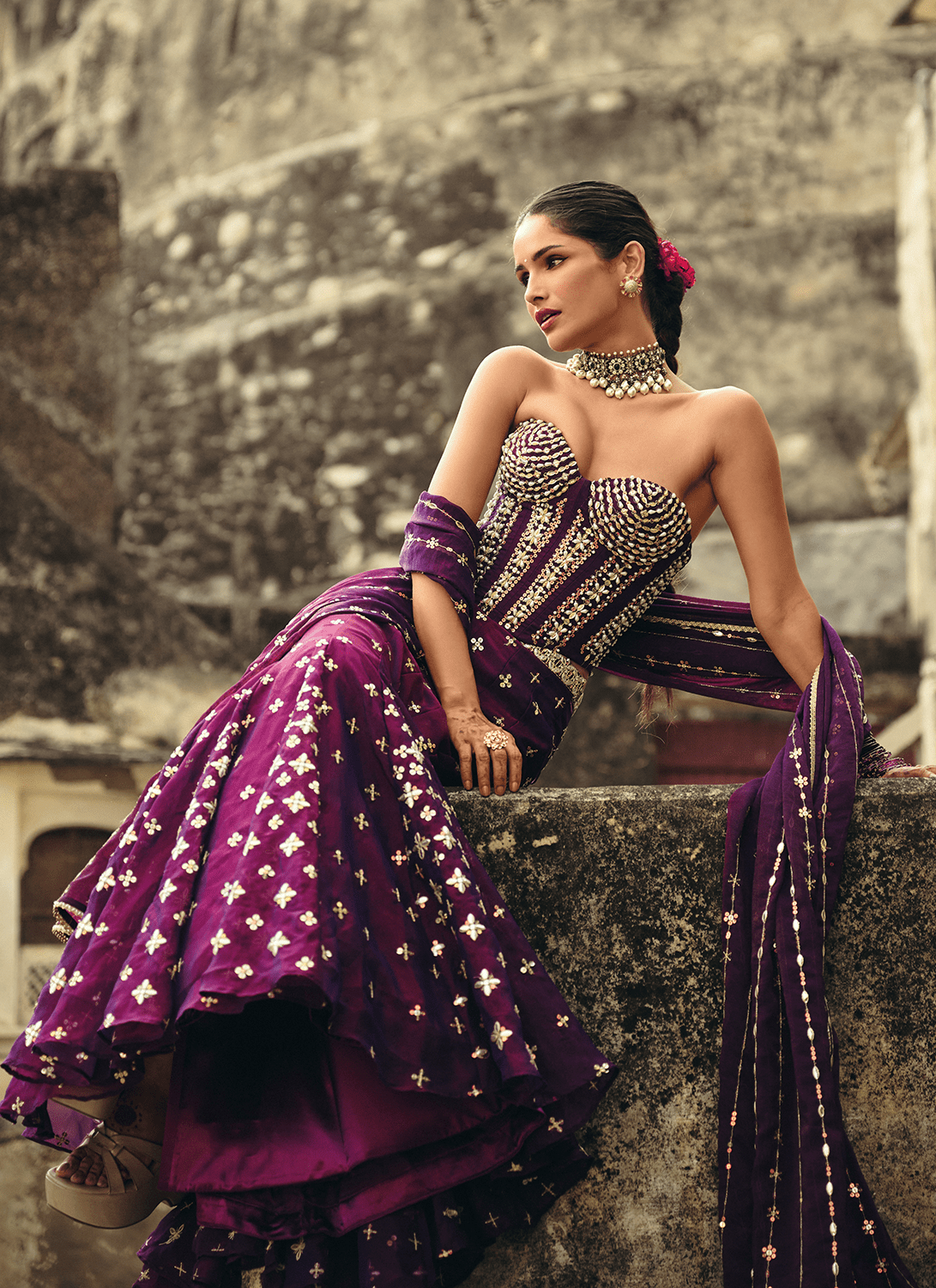 Purple Embroidered Georgette Corset Style Lehenga - Lashkaraa