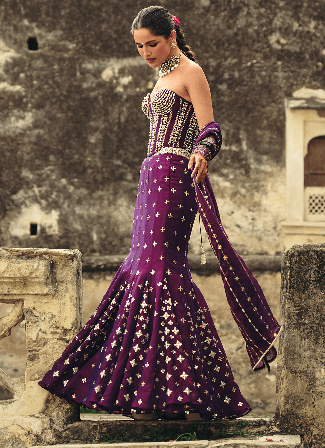 Purple Embroidered Georgette Corset Style Lehenga - Lashkaraa