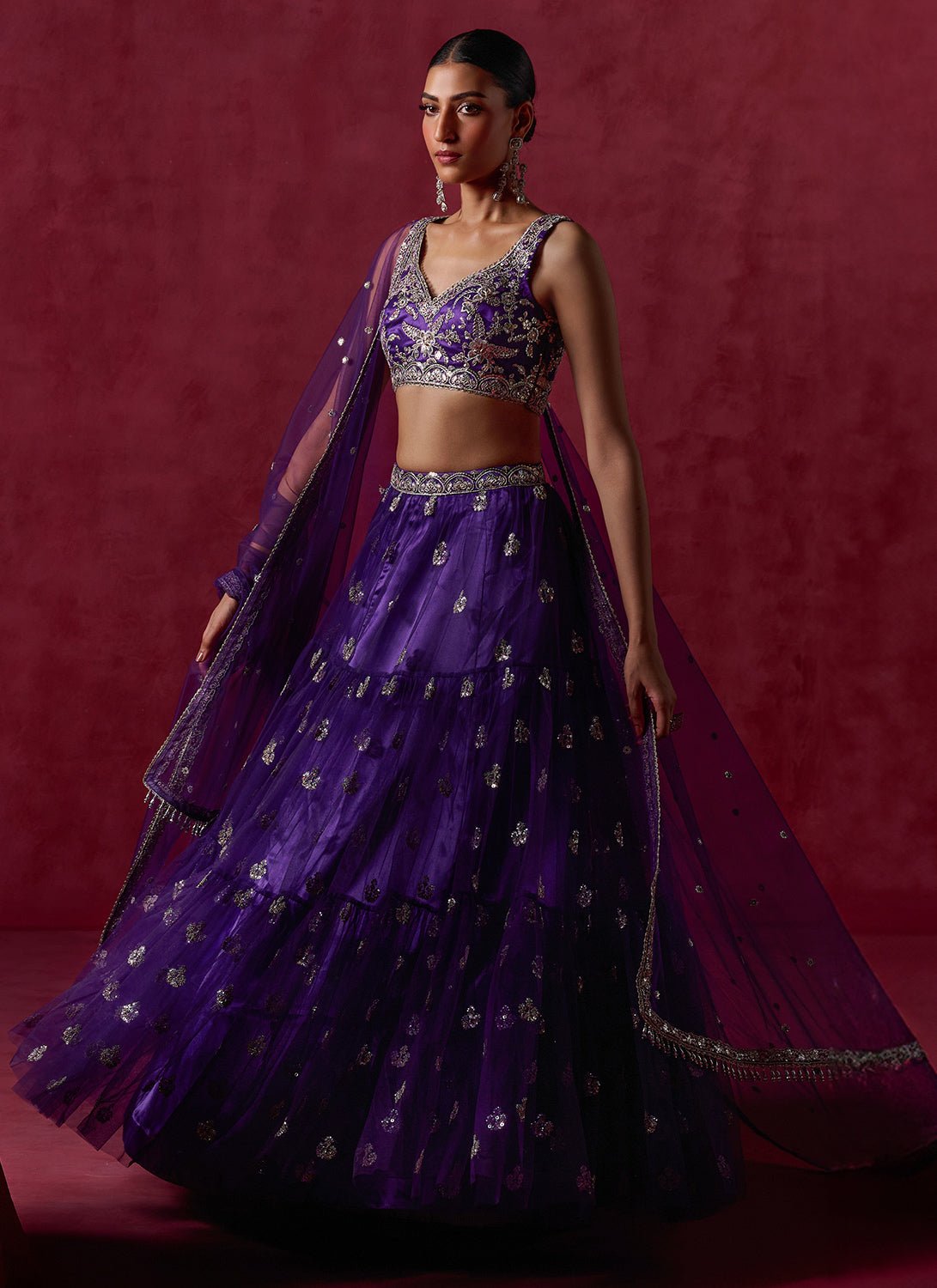 Purple Embroidered Net Lehenga - Lashkaraa