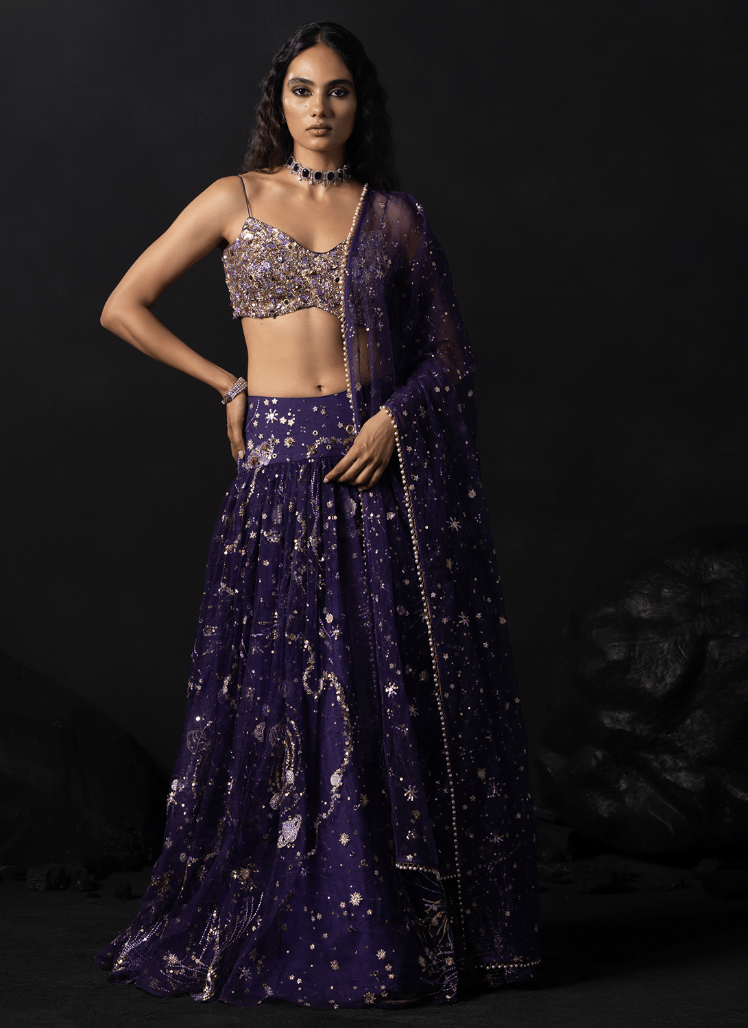Purple Embroidered Shimmer Net Lehenga - Lashkaraa