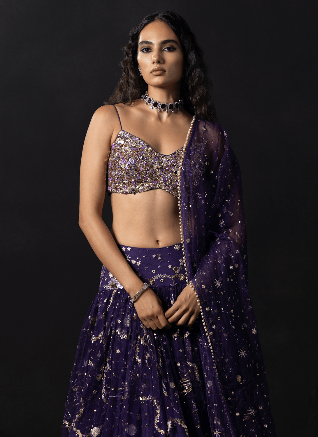 Purple Embroidered Shimmer Net Lehenga - Lashkaraa